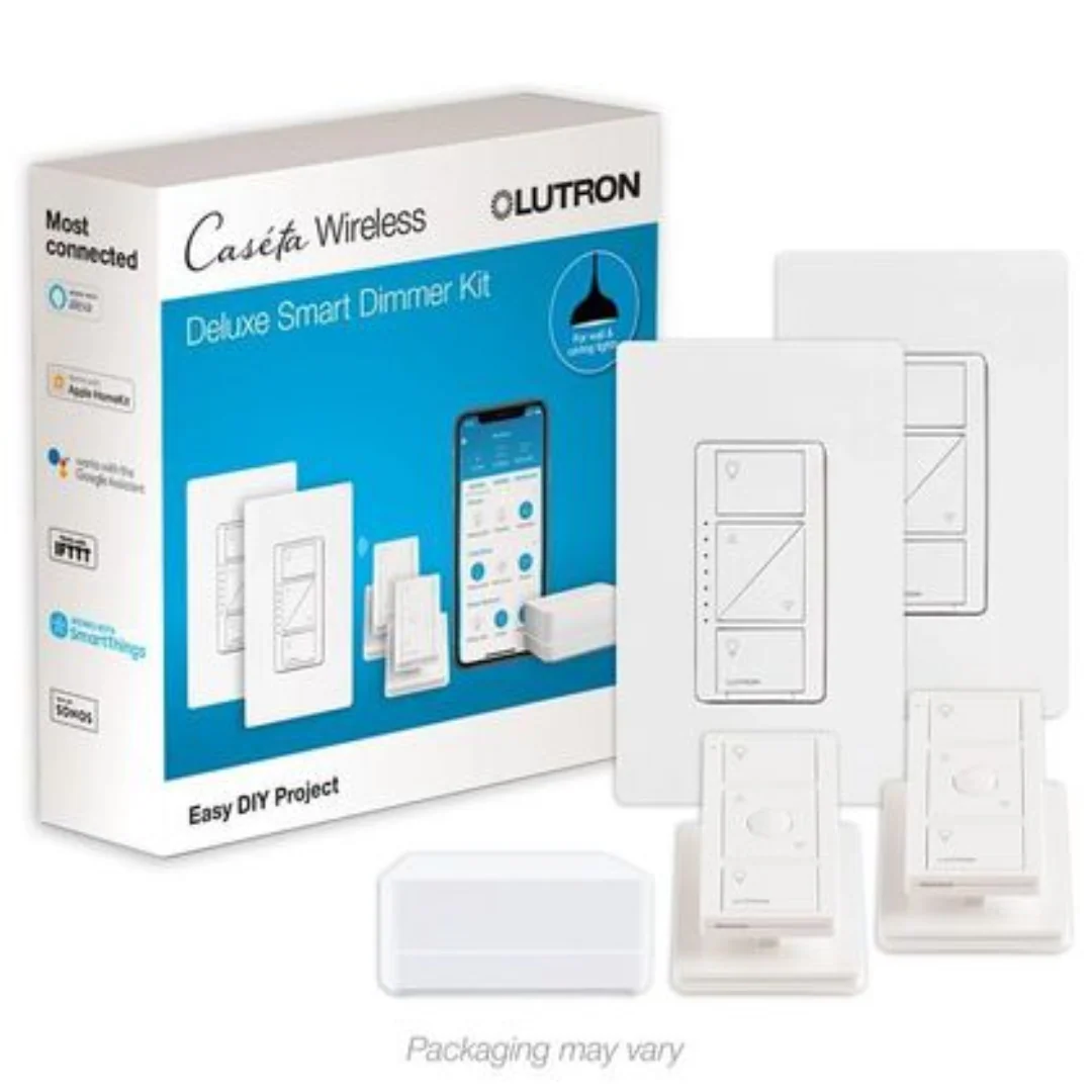 Lutron Caseta Deluxe Smart Dimmer Switch (2 Count) Kit with Caseta Smart Hub | P-BDG-PKG2W | White