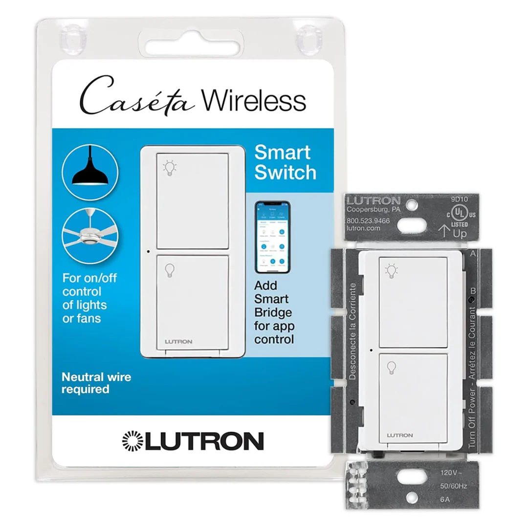 Lutron Caseta Smart Lighting Switch for All Bulb Types or Fans | Neutral Wire Required | PD-6ANS-WH | White