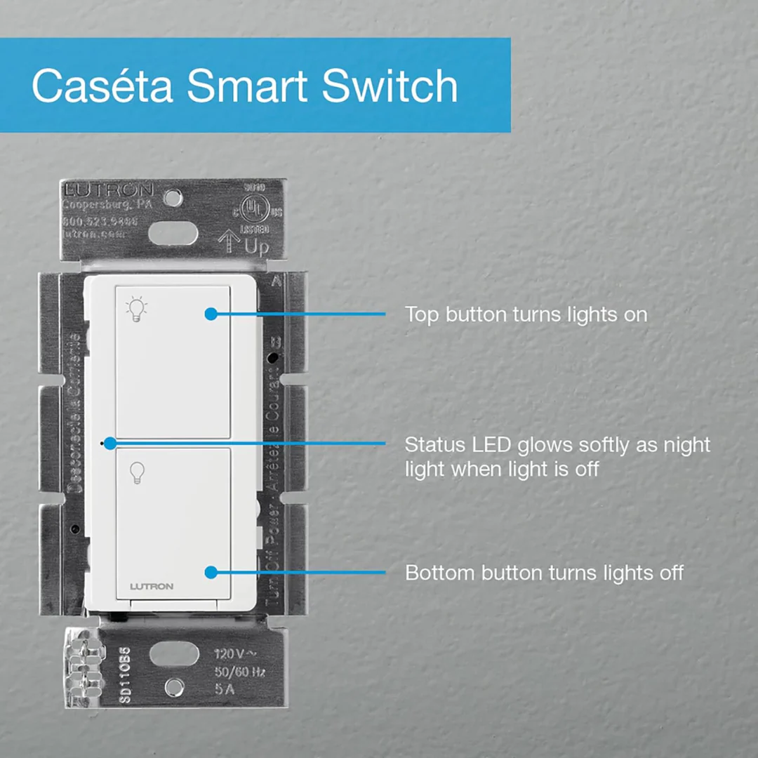Lutron Caseta Smart Lighting Switch for All Bulb Types or Fans | Neutral Wire Required | PD-6ANS-WH | White - Image 3